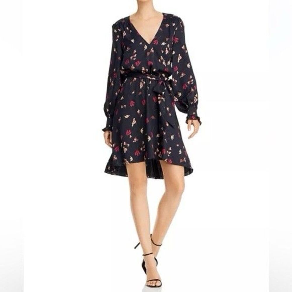 Joie Women's Small Black Floral Marlayne High Low V-Neck Tie-Waist A-Line Dress